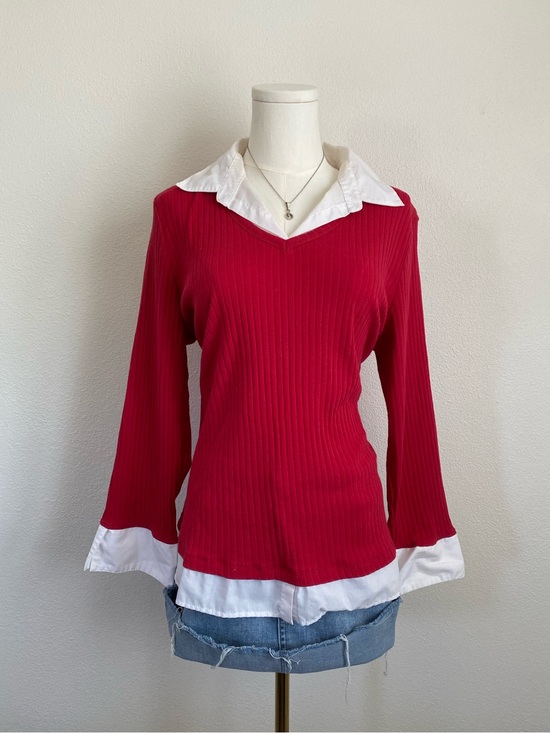 Carolyn Taylor Tops - Carolyn Taylor 2 in 1 Layered Poplin Collar Sweater Top Red Size XL Office